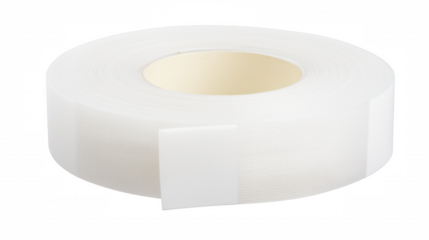 Close-up of a white adhesive tape roll with a beige core on a transparent background
