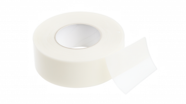 Tightly wound roll of pristine white adhesive tape with a small section unrolled diagonally on transparent background