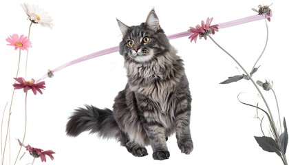 Gray cat surrounded by flowers