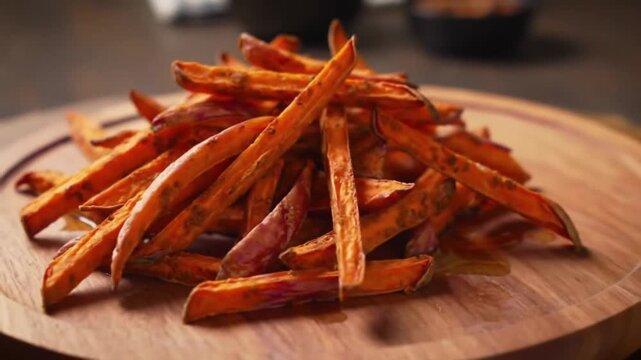 close-up of a plate of delicious and flavorful seasoned sweet potato fries