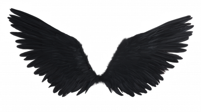 Pair of symmetrical black wings with intricate feather detailing on transparent background