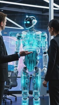 vertical. Futuristic humanoid robot standing between two business professionals in high-tech office. Studio conceptual photo of artificial intelligence and robotics development. Innovation, AI integra