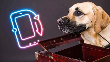 Dog with a Neon Smartphone Symbol in a Trunk: A Modern Pet Communication