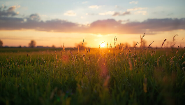 "Green meadow under a warm evening sky, with golden sunlight shining across the grass as the sun sets on the horizon. Soft glowing atmosphere with orange, pink, and yellow tones blending into the blue - Powered by Adobe