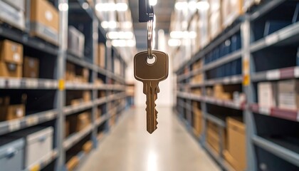 Key hanging in warehouse aisle