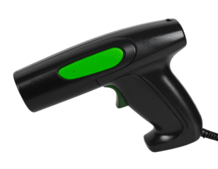Handheld Barcode Scanner with Green Button, Front View, Isolated on Transparent Background