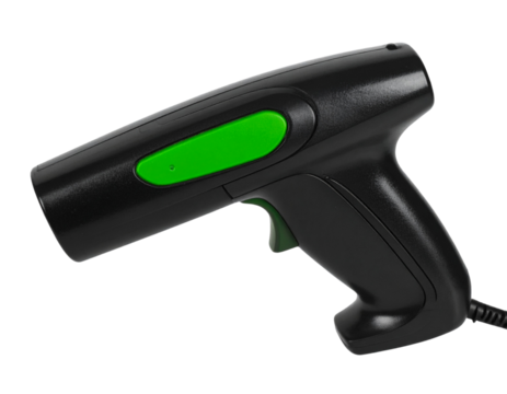 Handheld Barcode Scanner with Green Button, Front View, Isolated on Transparent Background