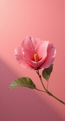 A single, vibrant pink rose is centrally positioned against a soft pink backdrop, exhibiting smooth textures and symmetrical floral patterns conveying elegance and delicate beauty.