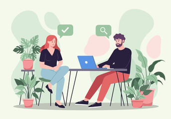 Vector art of a man and a woman sit at a table with a laptop, surrounded by potted plants, in a modern, casual setting with a light background