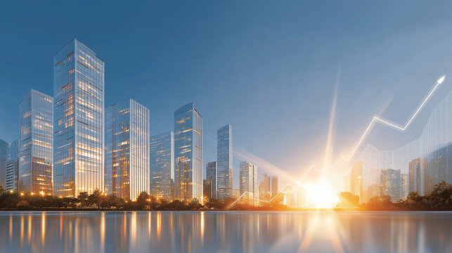 Cityscape Harmony: A stunning modern cityscape reflecting on tranquil water under a vibrant, clear sky, with a glowing sun burst that underscores the thriving commercial real estate.