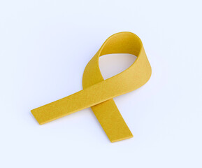 Fita amarela dobrada em formato de la&ccedil;o, s&iacute;mbolo de apoio e conscientiza&ccedil;&atilde;o, em fundo branco
