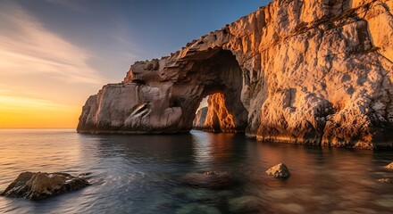 Dramatic archway in coastal rocks at sunrise, showcasing a serene and peaceful atmosphere.
