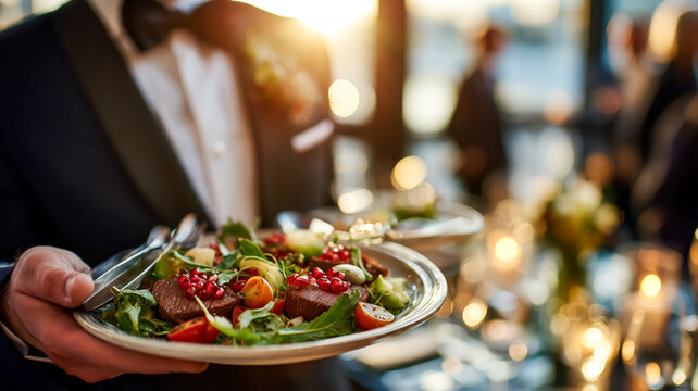 Elegant waiter in tuxedo serving a gourmet salad with fresh greens, meat, and pomegranate seeds at a sophisticated event.