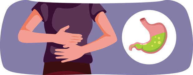 Sick Person Holding Tummy from Acid Reflux Condition Vector Illustration. Patient in pain feeling sore from gastrointestinal disease symptoms 