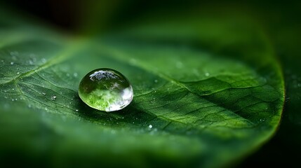 A close-up view of a water droplet resting on a vibrant green leaf, showcasing intricate details and a captivating reflection.