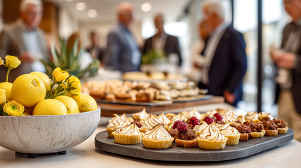 Fototapeta premium Elegant food display at a corporate event: Lemons, tarts & pastries create a welcoming atmosphere at a sophisticated gathering.