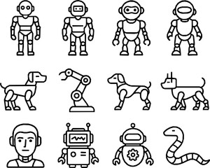 Humanoid and Animal Robots Vector Icon Set – Minimal Monoline Style