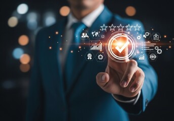 Photo of businessman touching a digital interface with icons representing global business, quality, and success, symbolizing digital transformation and advanced technology