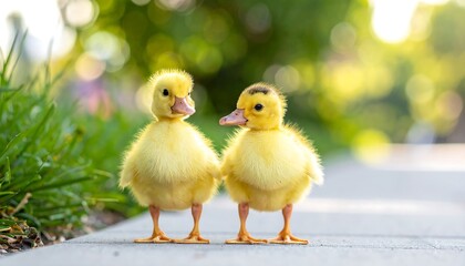 Two yellow ducklings on a light gray path, surrounded by green grass and bokeh