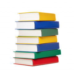 Stack of seven hardcover books with gradient colored spines on transparent background