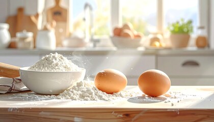 Kitchen counter with flour and eggs