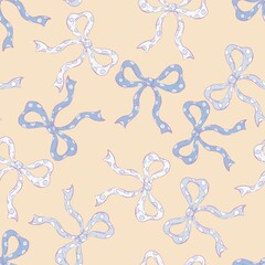 Bow Seamless Pattern, Cute Pastel Ribbon Design, Romantic Girly Background with Bows for Fabric, Wallpaper, Wrapping and Digital Illustratio