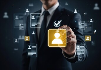 Photo of human resource management concept, businessman selecting a candidate from a pool of applicants with digital profiles and checkmarks, representing recruitment and talent acquisition