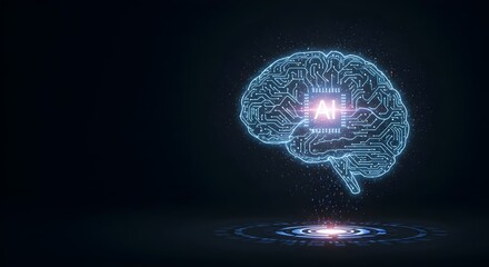 Artificial intelligence displaying a glowing digital brain on dark background, symbolizing future technology.