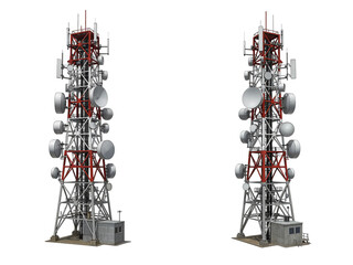 Two identical telecommunication towers with multiple antennas and dishes isolated on transparent background