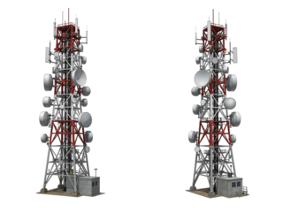 Two identical telecommunication towers with multiple antennas and dishes isolated on transparent background