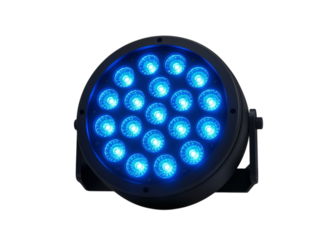Close up of a stage lighting fixture with many bright blue led lights illuminating a dark background isolated on transparent background