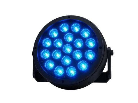 Close up of a stage lighting fixture with many bright blue led lights illuminating a dark background isolated on transparent background