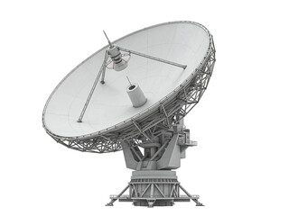 Large parabolic satellite dish antenna mounted on a complex support structure for communication and research isolated on transparent background