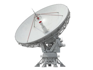 Large white satellite dish antenna for communication and space exploration isolated on transparent background