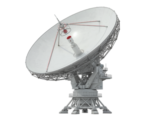 Large white satellite dish antenna for communication and space exploration isolated on transparent background