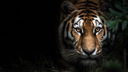 Fototapeta premium Tiger emerging dense jungle shadows powerful wildlife predator portrait highlighting strength stealth and wilderness