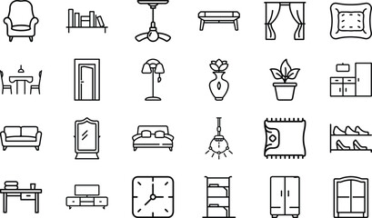 Minimalist Line Art Home Interior Furniture and Decor Icons Set – Modern Outline Style Sofa, Chair, Bed, Lamp, Table, Clock, Cabinet, Plant, Rug, Bookshelf, Wardrobe, and Kitchen Elements for Interior