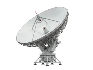 Large white satellite dish antenna for communication and space exploration isolated on transparent background