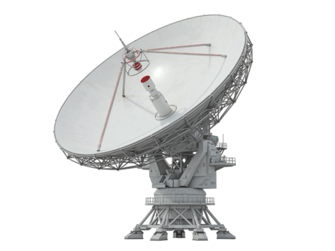 Large white satellite dish antenna for communication and space exploration isolated on transparent background