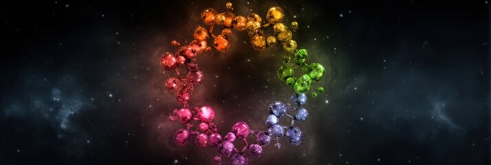 Colorful Molecular Structure in a Cosmic Background Representing Scientific Exploration and Discovery in the Universe