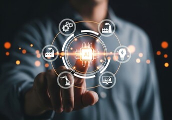 Photo of man touching a futuristic ai interface with interconnected icons representing industry, data, and innovation, symbolizing technological advancement
