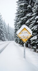 A snowy winter landscape featuring a yellow caution sign covered in fresh snow, nestled amongst towering evergreens lining a snow-covered road.