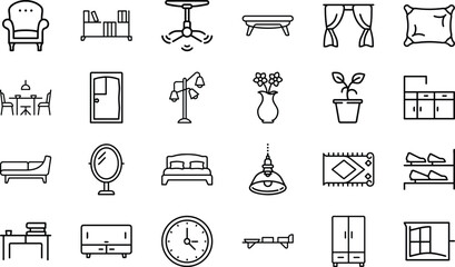 Minimalist Line Art Home Interior Furniture and Decor Icons Set – Modern Outline Style Sofa, Chair, Bed, Lamp, Table, Clock, Cabinet, Plant, Rug, Bookshelf, Wardrobe, and Kitchen Elements for Interior