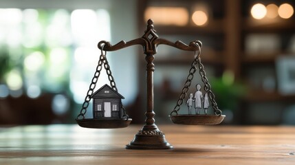 A balance scale with one side holding a house key and the other side holding a family photo, symbolizing the division of property and memories, simple sketch style, blurred interior background