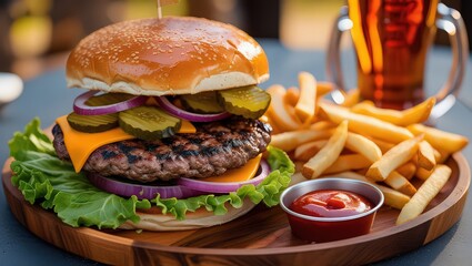A delightful cheeseburger with fresh lettuce, ripe tomato, and red onion, served with crispy french fries, ketchup, and a cold glass of beer on a wooden plate
