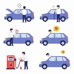 Naklejka premium Man encountering and resolving common car problems: engine check, flat tire, lockout, low fuel, and refueling his vehicle.
