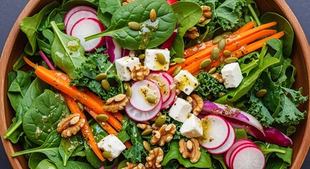 A vibrant, colorful salad featuring fresh spinach, kale, radishes, carrots, and walnuts, dressed with a light vinaigrette and topped with pumpkin seeds and feta cheese.