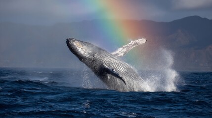 Whale breaching dramatically rainbow in ocean spray breathtaking wildlife marine scene perfect for inspiring stock photography