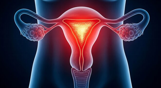 Illustration of a female reproductive system with uterus ovaries and fallopian tubes highlighted