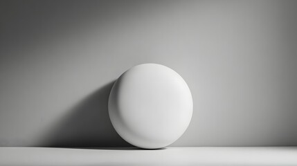 A simple, solid, white sphere sits on a light gray surface, casting a subtle shadow on a muted gray wall.